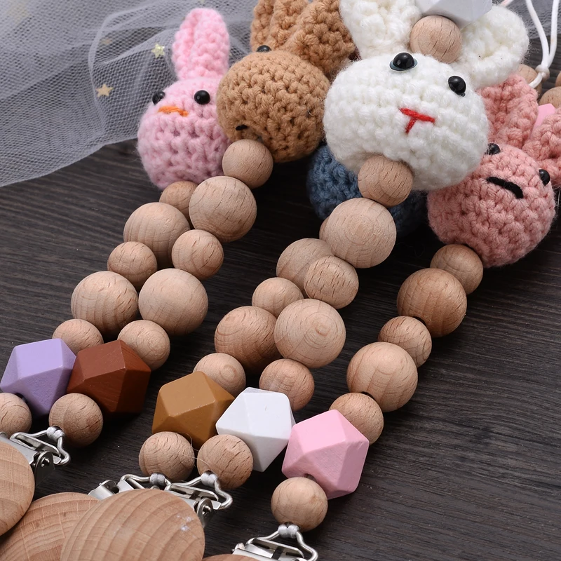 Baby Beech Teether Pacifier Chain Cartoon Animal Handmade Wood Teether Chain Baby Pacifier Clips Nipple Clip Teething Chew Toys 4