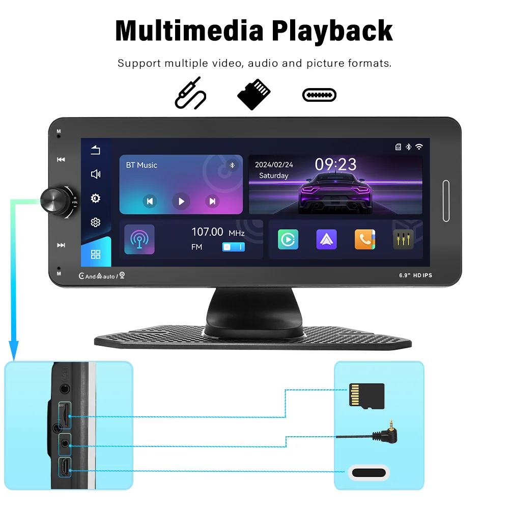 6.9inch IPS Touch Screen Car Monitor Carplay Android Auto WIFI Dashboard Dash Cam Airplay Autolink Bluetooth EQ Smart Player