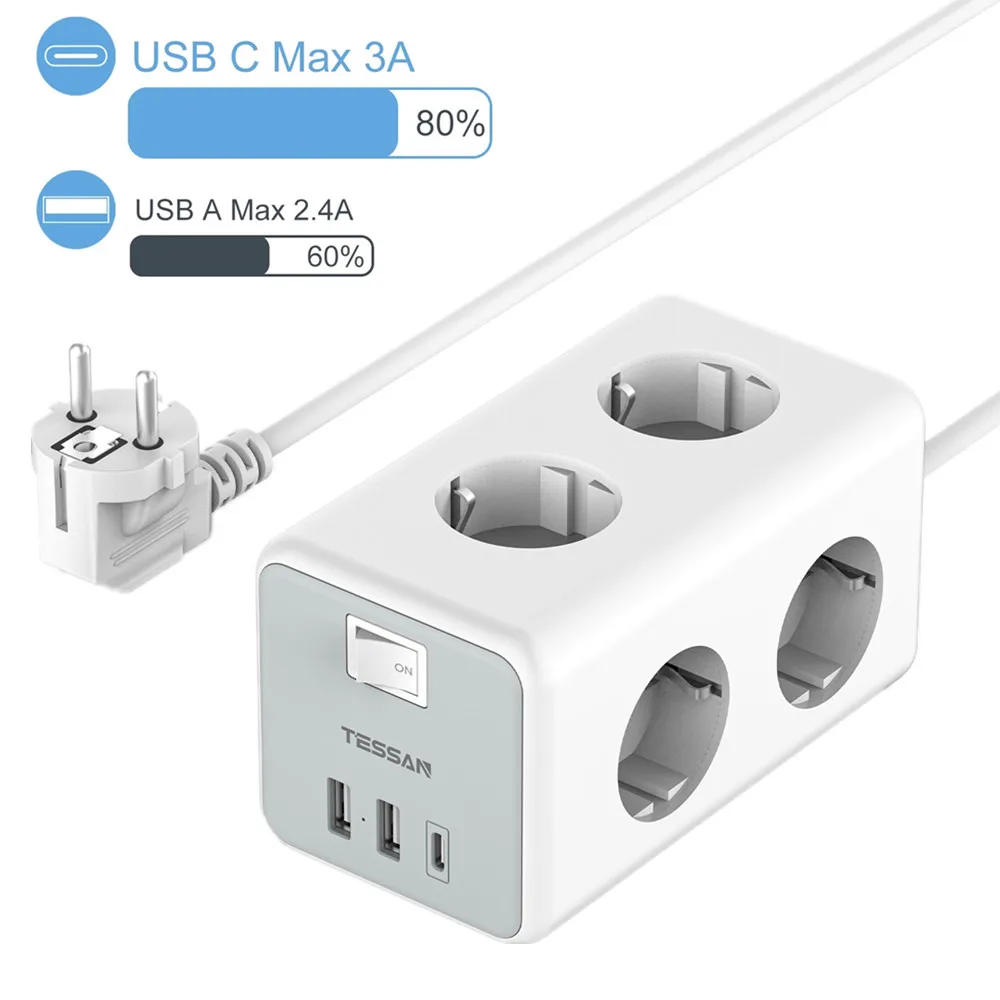 

TESSAN EU Plug Power Strip Cube with 6 Outlets 2 USB 1 Type C 2M Extension Cable Multi Socket Power Adapter with Switch for Home