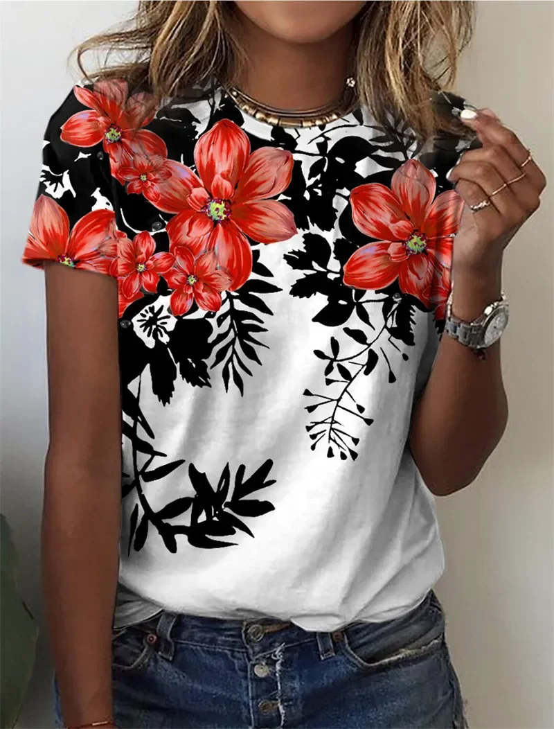 

2023 Women's T-shirts Fashion Floral Theme T Shirt Floral Plants Tees Summer Clothing Basic Female Tops Print Oversized Pullover