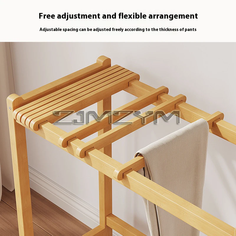 Movable Pants Rack Beech Pants Hanger Multi-Functional Clothes Rack With Rotating Wheels Mobile Hook Shelves For Bedroom Storage