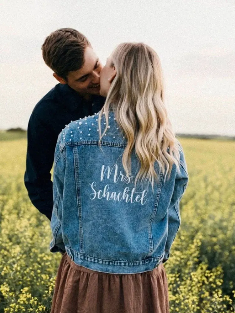 

Pearl Jean Jackets Custom Wedding Bride Denim Jackets Future Mrs Name Coats Personalized Engagement Maid of Honor Gift Outerwear