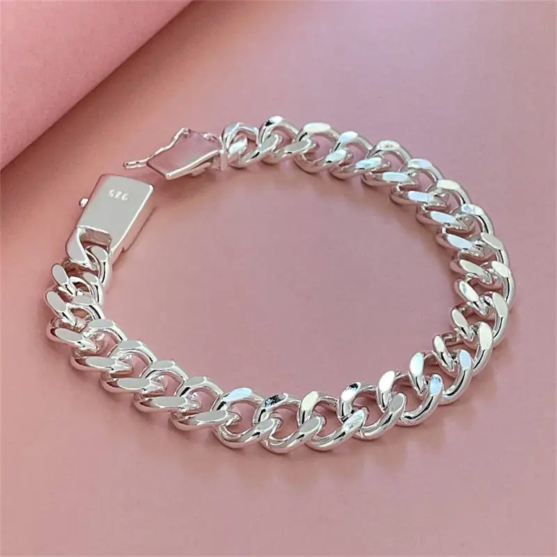 

925 Sterling Silver 10MM Square Buckle Nice Jewelry Men Bracelet 21CM Sideway Link Chain Bracelet Male Bangle