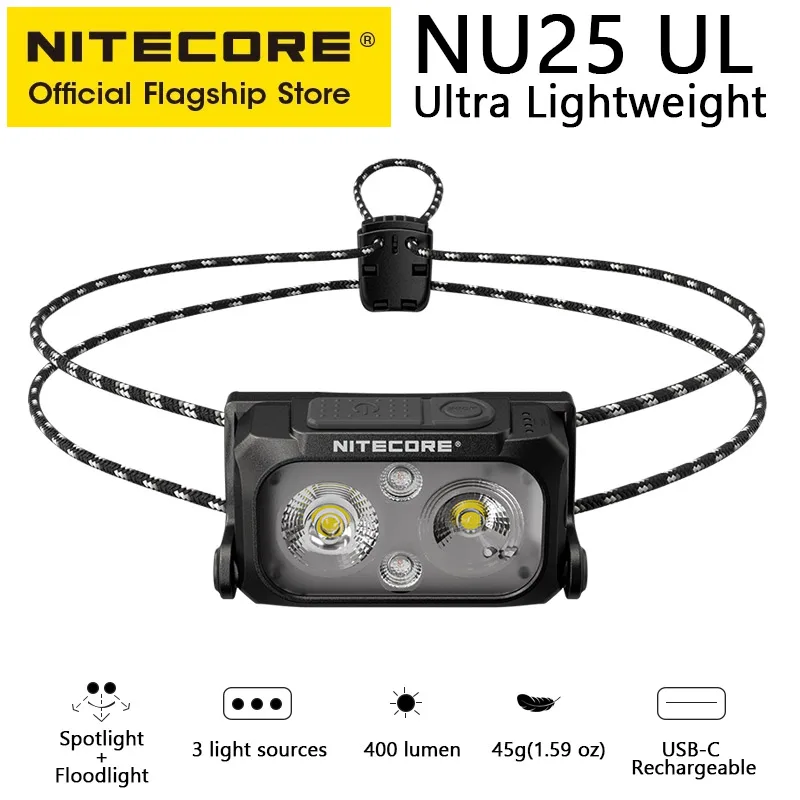 

NITECORE NU25 UL USB-C Rechargeable Headlamp 400 Lumen Spotlight Floodlight 3 Light Source for Trail Running Trekking Backpacker