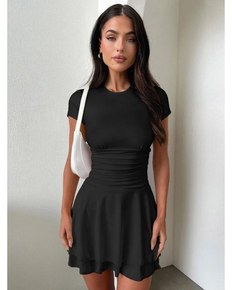 Fashion Folds Ruffled Mini Dress For Women Summer New Solid Color Short Sleeves Female Clubs Party Sexy Slim Fit Dress