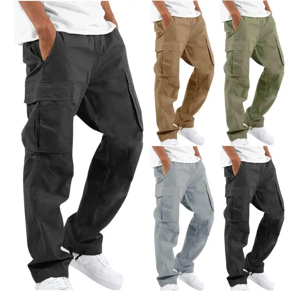 Men Cargo Pants Elastic Waist Vintage Loose Multi Pockets American Style Solid Color Soft Breathable High Street Daily Sports St