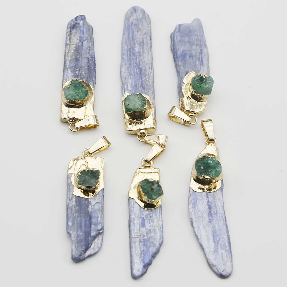 Natural Raw Stone Blue Crystal Strip Pendants Irregular Green Agate Necklace Reiki Charms DIY Jewelry Accessories Wholesale 8Pcs