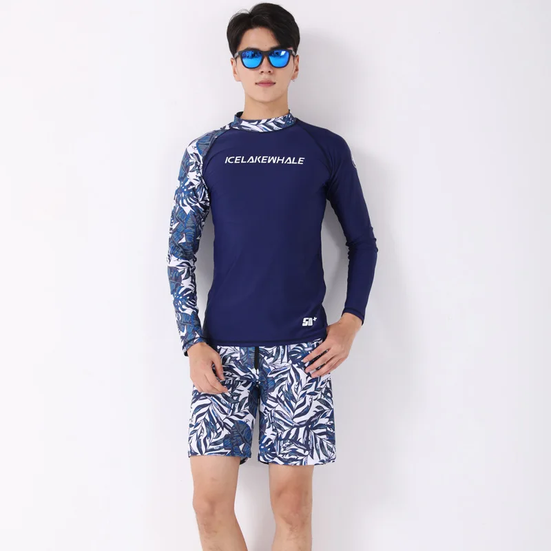 

Men's 2pcs/set Rash Guard Long Sleeve Shirt+Trunks Printed Water Beach Surf Swim Suits, UV/Sun Protection Swimwear Bathing Suits