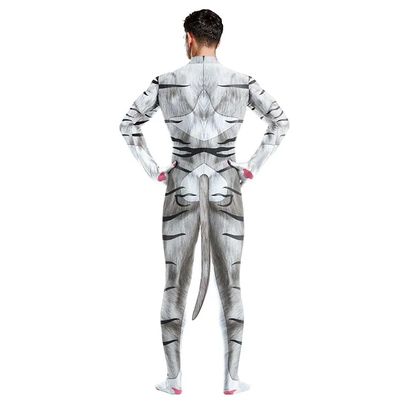 Zawaland Cosplay Animal White Tiger Print with Tail Men Costume Crotch Zip Jumpsuit Zentai Bodysuit Halloween Carnival Clothing