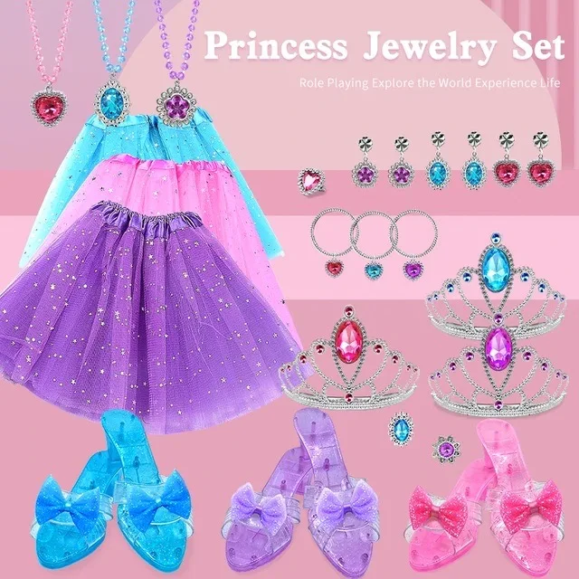 Princess Dress Up Role Play Jewelry Set for Girls, Pretend Play Fashion Accessories with High Heel Shoes, Crowns, Necklaces Girl