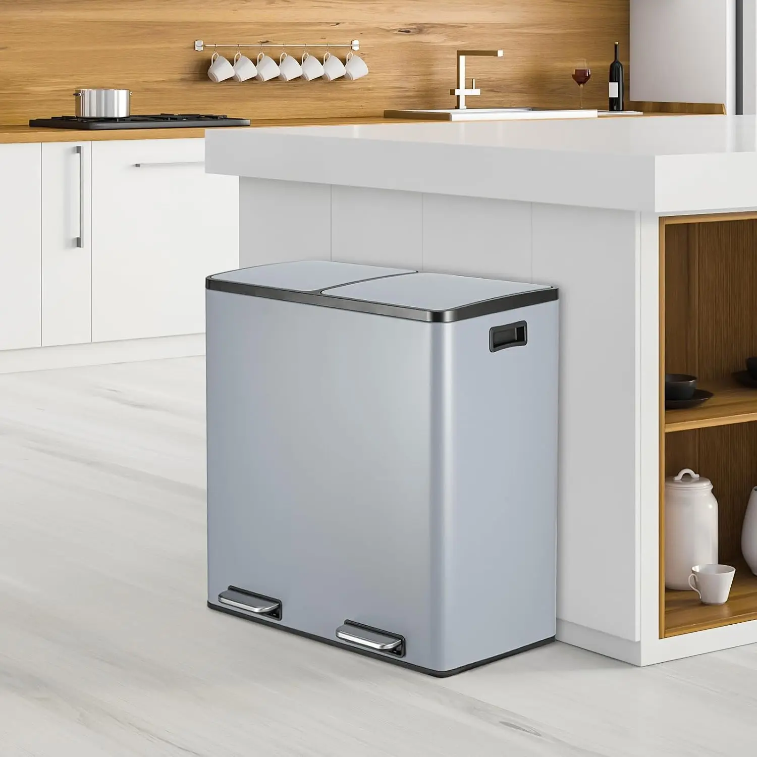 Steel Trash Can, 60L Dual Compartment, Metal Kitchen Step Recycle Bin, Metal Double Dustbin, in-Home Garbage Rubbish Can W/Remov 6