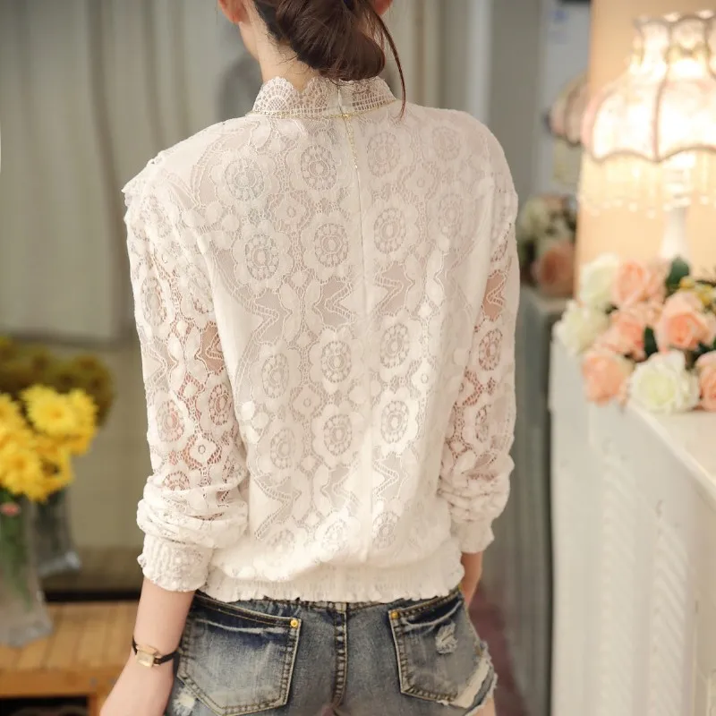 New Arrival 2025 Autumn Women Blouses Long Sleeve Fashion Casual Chiffon Shirts Stand Floral Lace Blouses Casaul Tops 07F 25