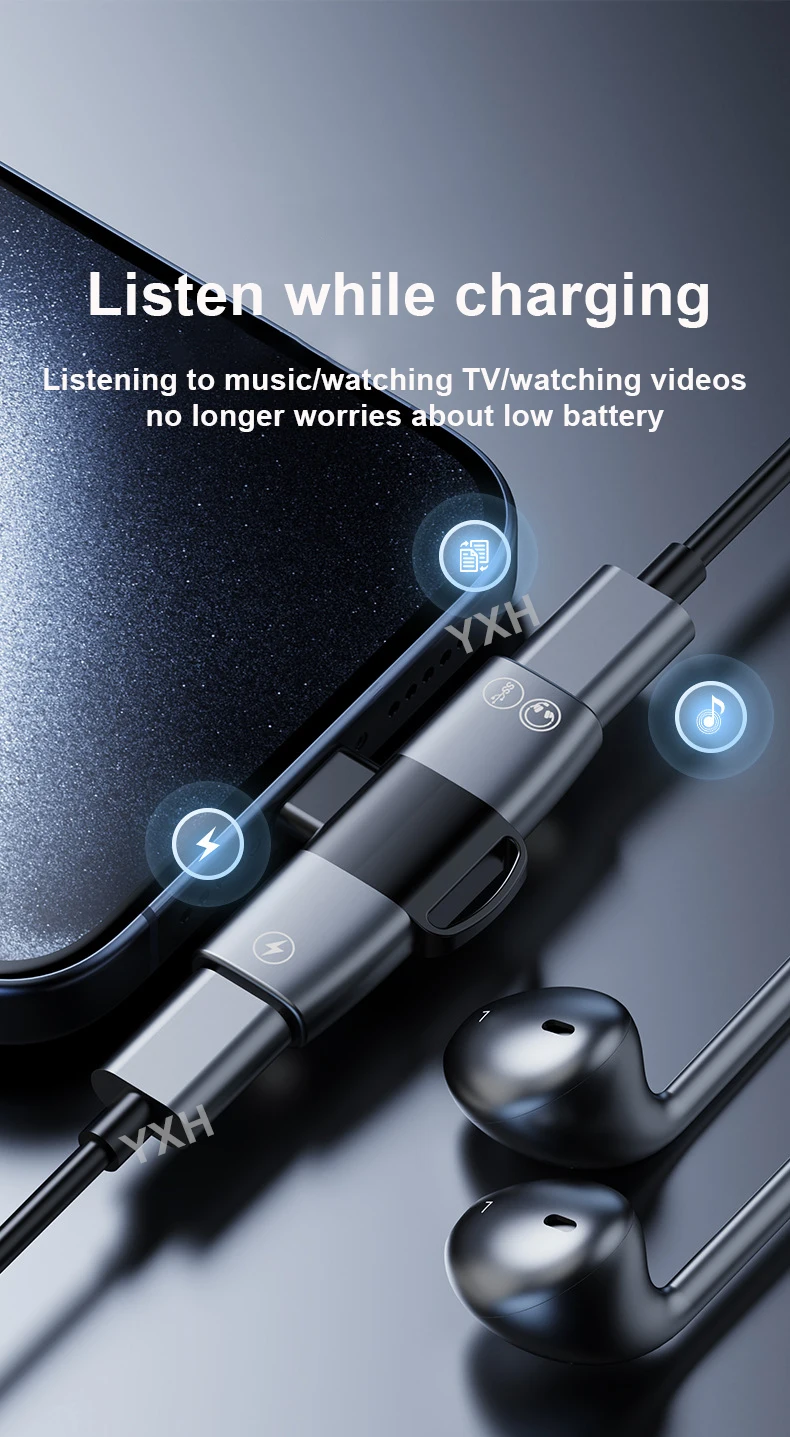 OTG Double USB Type C PD 15W Charger to Type C Jack AUX Audio Headphones Splitter Adapter for iPhone 15 Pro Max Samsung Xiaomi