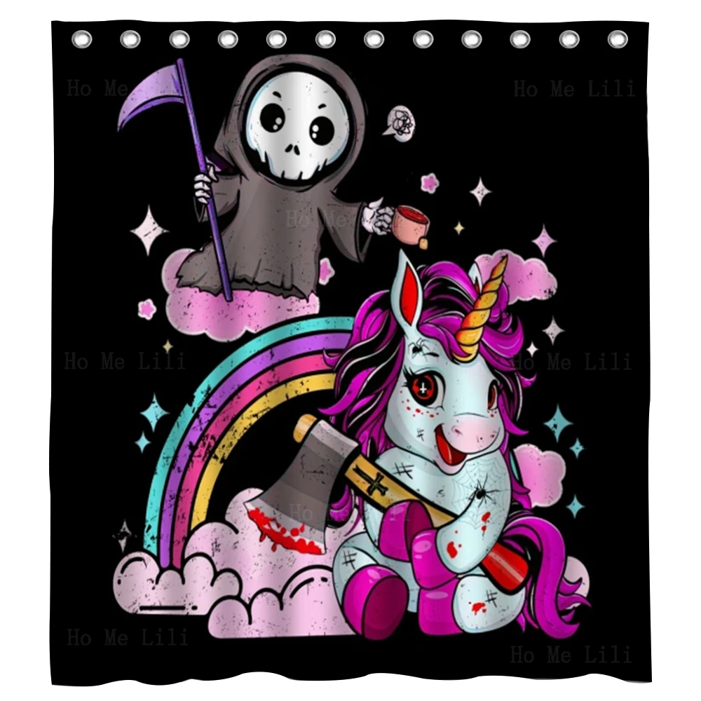 

Pastel Goth мягкие гранж мертвецы ездит Единорог милый Мрачный Жнец Хэллоуин графика занавеска для душа декор для ванной комнаты