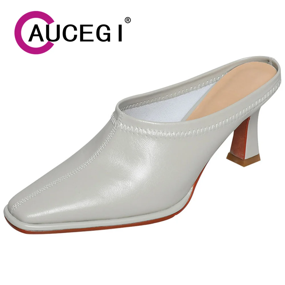 

Aucegi 2024 Concise Slippers Kitten-Heels Mules Square Toe Luxury Summer New Genuine Leather Spring Party Dress Casual Shoes