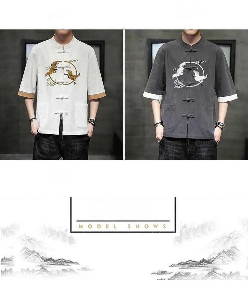 2024 Summer Chinese cotton linen short sleeved men's Tang embroidery Han style loose China-Chic shirt men_autovado.com