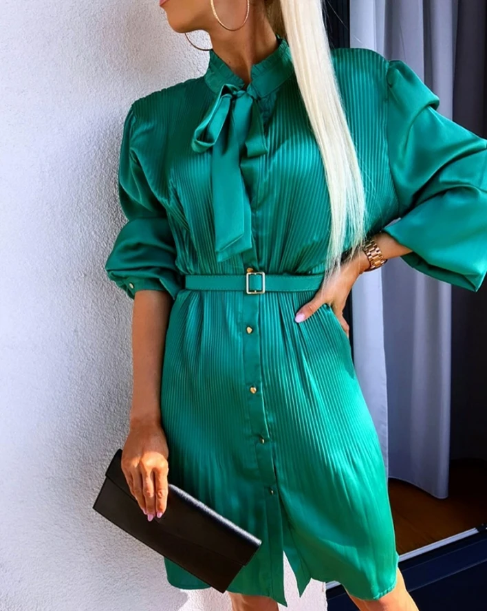 

Casual Dresses for Women 2024 Spring Stand Collar A Line Elegant Tie Neck Ruched Fashion Work Frill Hem Long Sleeve Midi Dress