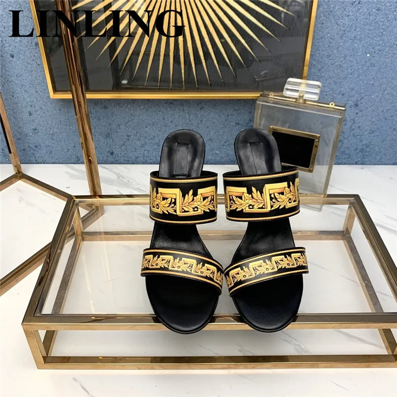 

Fashion Genuine Leather Prints High Heels Slippers 2023 Luxury Designer Casual Beach Shoes Women Summer Ladies Gladiator Sandals