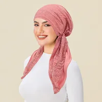 Middle East Women Fashion Lace Hijabs Bonnet Islam Women Solid Color Pre-Tied Turban Hat Long Tail Headscarf