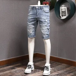 Short Jeans Men Streetwear Ripped Denim Shorts Summer Fashion Casual Light Blue Stretch Slim Fit Pants