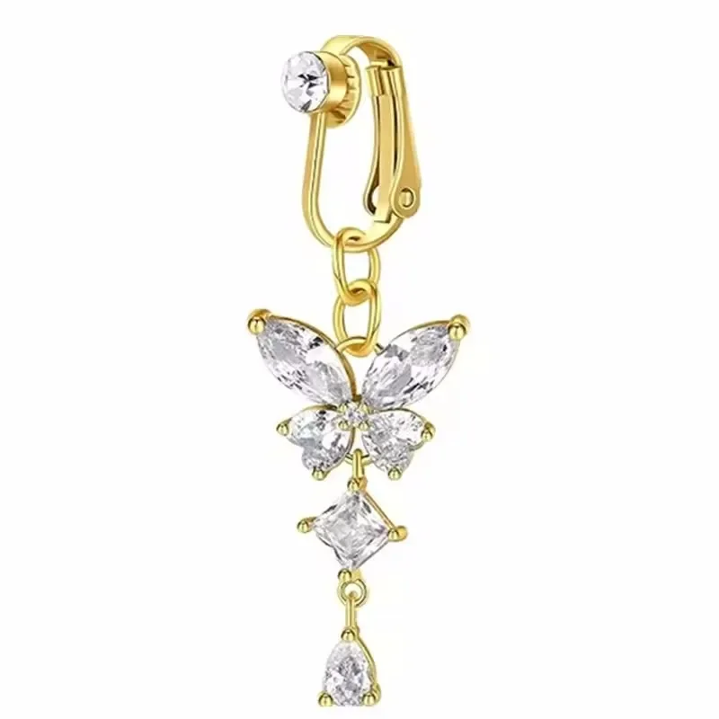 Clip on Belly Button Ring Butterfly Copper Zircon Fake Belly Piercing Umbilical Navel Body Jewelry
