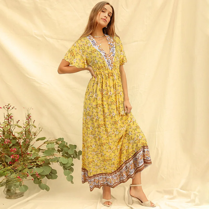 

Summer V Neck Flare Short Sleeve Bohemia Dress for Women High Waist Casual Beach Dress Flower Print Pleated Splice Maxi Dresses