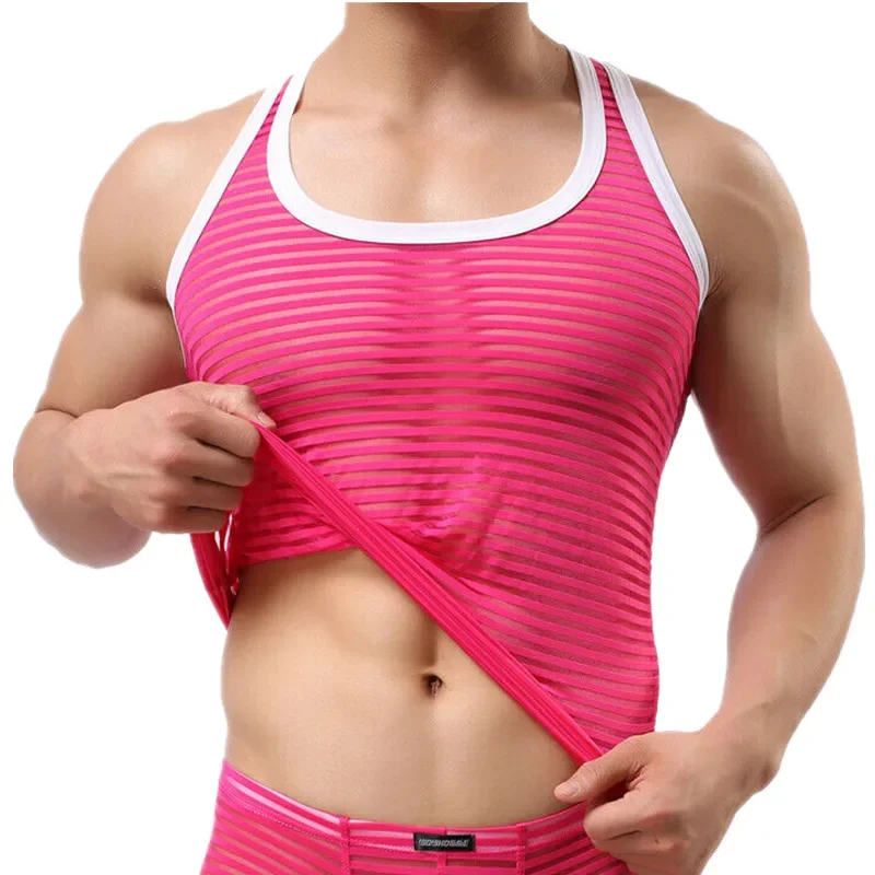 Mens Undershirts Sleeveless T-shirts Tank Tops Sportswear Vest See Through Striped Transparent men underwear