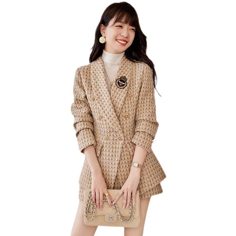 

2023 Autumn Winter New Apricot Black Plaid Elegant Office Work Wear Short Pant Suits OL 2 Piece Sets Female Blazer For Women Set