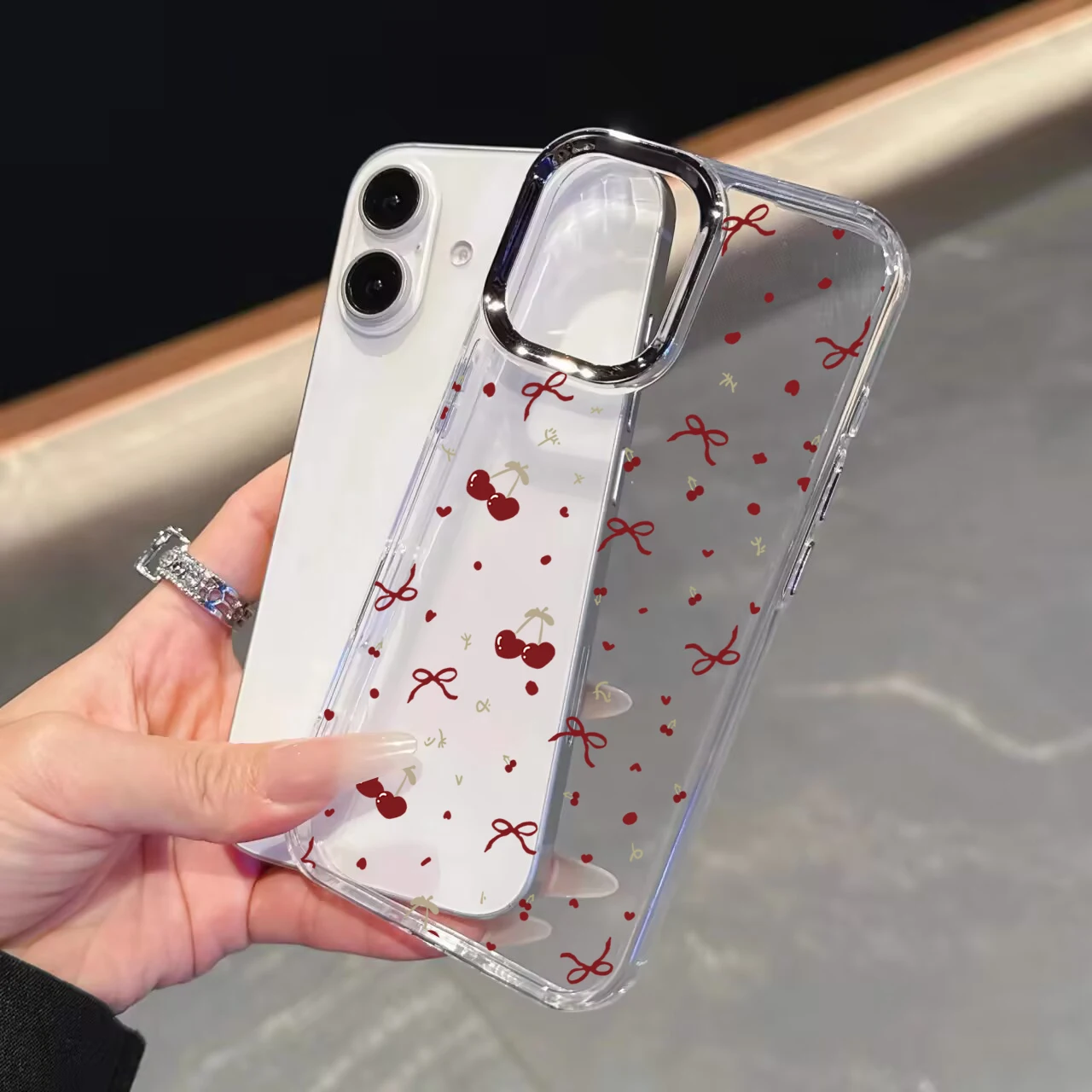 Elegant Cherry Lichee Flower Phone Case with Bow Design - Cute Plating Metal Lens, Clear and Soft