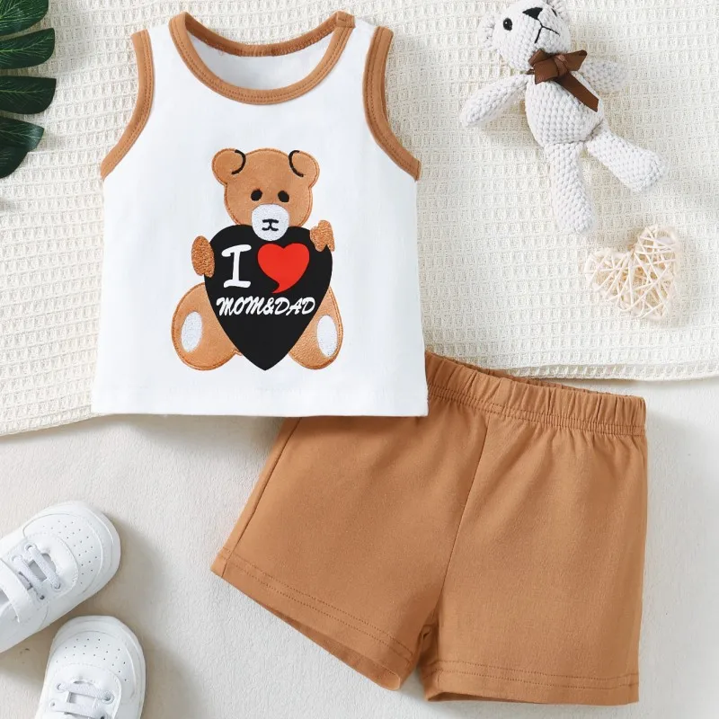 Babyhug Interlock Knit Sleeveless Tank T-Shirt & Shorts Set With Teddy Bear Print - Brown & Red
