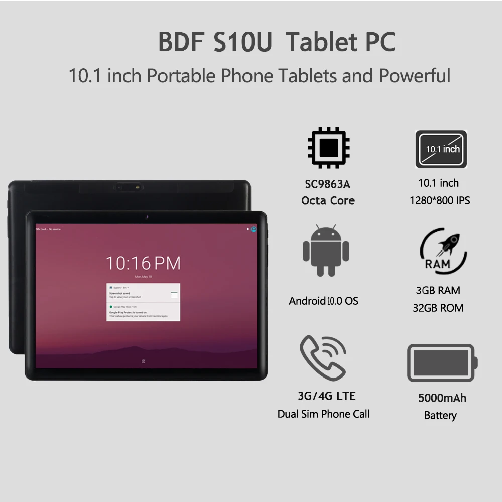 BDF 10.1 Inch Android 10.0 Tablet - Octa Core, 3GB RAM, 32GB ROM, Phone Calls, 4G LTE Network, Google Play, GPS, WiFi, Bluetooth, Pad Pro Tablet Description Image.This Product Can Be Found With The Tag Names Computer Office, Tablet pc, Tablets