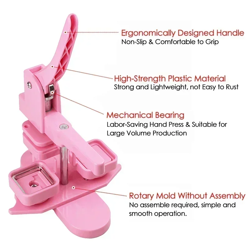 50MM Pink Rotating Type Square Pin Badge Button Maker Machine for DIY Making Refrigerator Magnets/Plastic-base Badge Pins