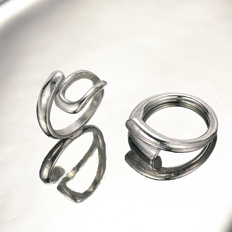 Stainless Steel Ring 2Pcs Stainless Steel Geometric Hollow Layered Wide Ring Metal Texture Waterproof Daily Simple Stylish Golden Jewelry Women