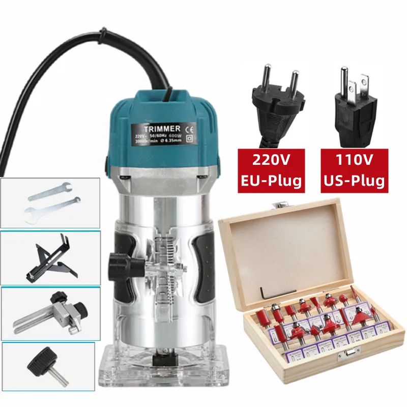 Wood Router Kit 15pc 1/4" Collets Router Bits 600W 110/220V Laminate Milling Engraving Hand Machine Carpentry Slotting Tool