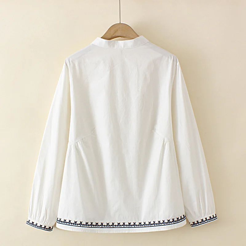 Women's Stand Collar Cotton Tops, Loose Long Sleeve, Hem Embroidery Blouses, Curve Clothes, Plus Size, 4XL, Spring