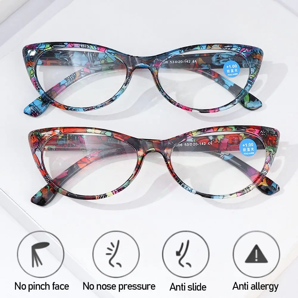 Fashion Cat Eye Reading Glasses Anti Blue Light Eyeglasses Women Floral Print Anti Eyestrain Glasses Eye Protection Vision Care