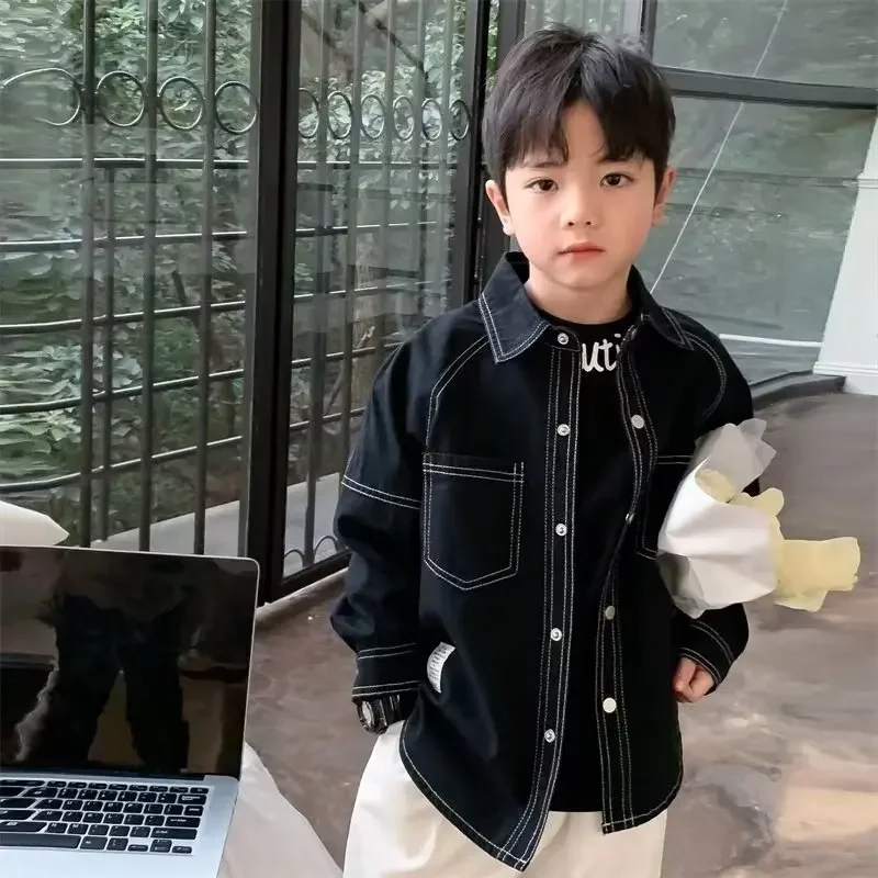 세련된 한국 버전 소년 긴팔 셔츠, 용수철 가을 신상, 단색 아동 재킷, 트렌디
