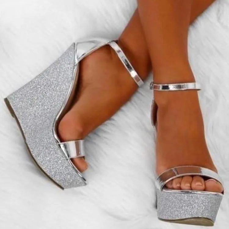 

Bling Bling Silver Sequined High Platform Wedge Sandals Open Toe One Strap Super High Wedges Formal Wedding Dress Shoes