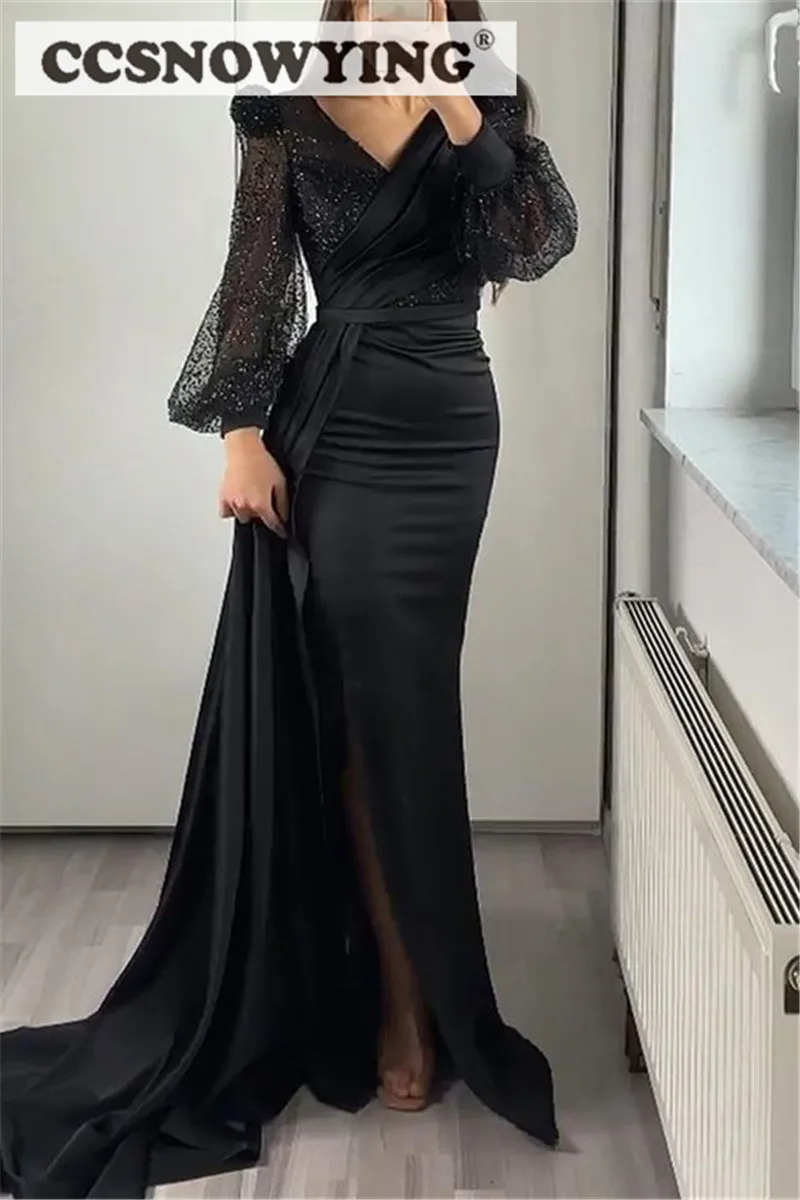 

Black Sparkly Sequin V Neck Prom Dress Satin Long Sleeve High Slit Evening Gowns Women Formal Party Dress Robe De Soiree