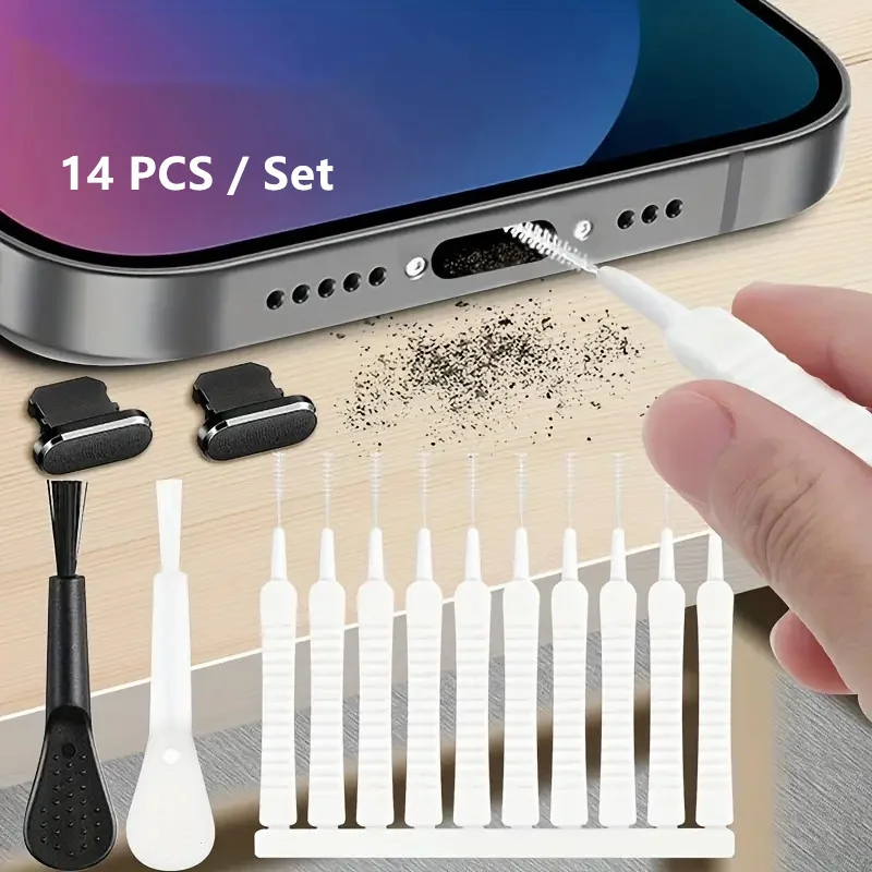 13/14Pcs Charging Port Dust Plug with Cleaning Brush for iPhone 17 16 15 14 13Pro Max Plus Samsung Xiaomi IOS Type C Cleaner Set