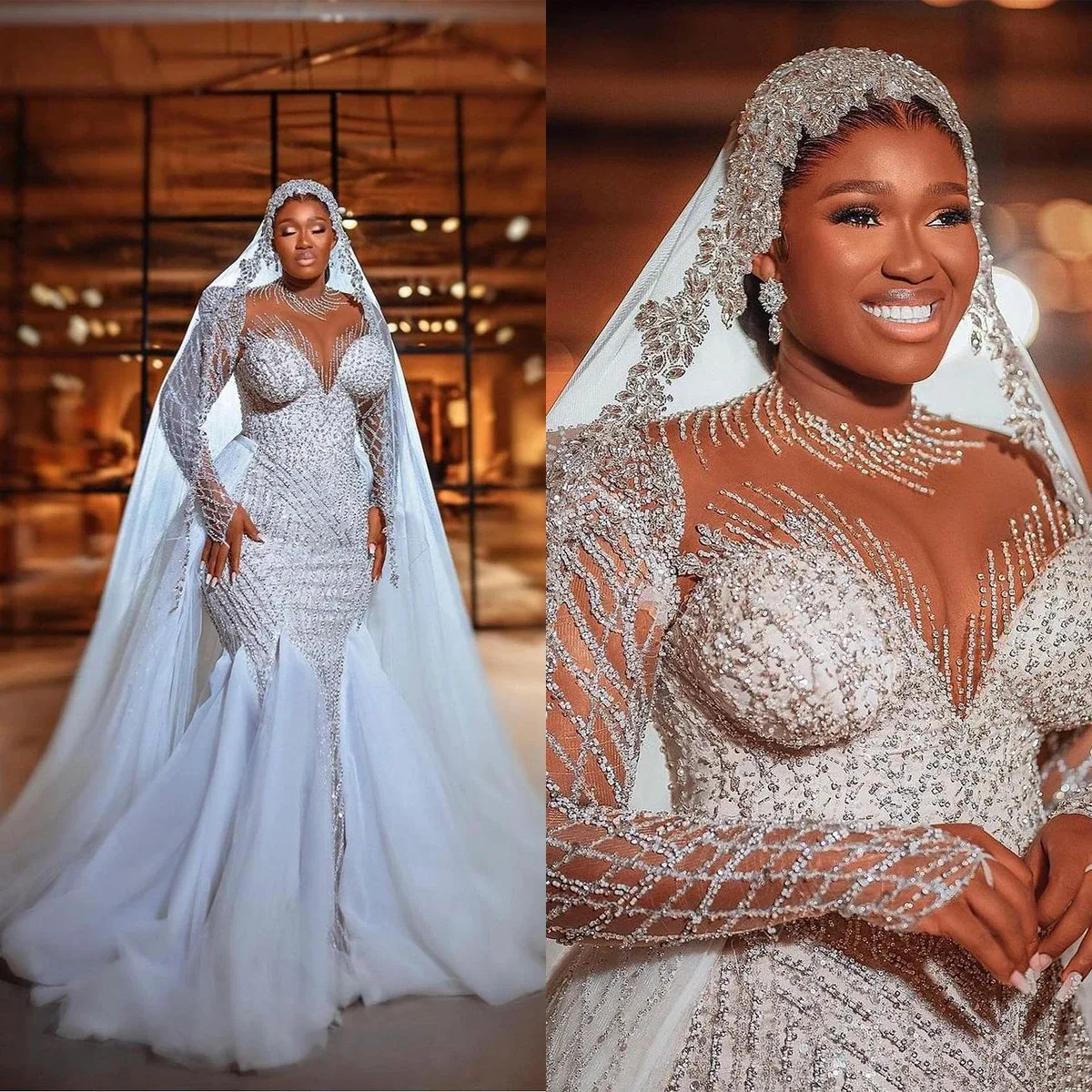 

Luxury Mermaid Wedding Dresses Black Girls Illusion Jewel Neck Crystal Beading Ruffles Train Bride Gowns Vestidos De Novia
