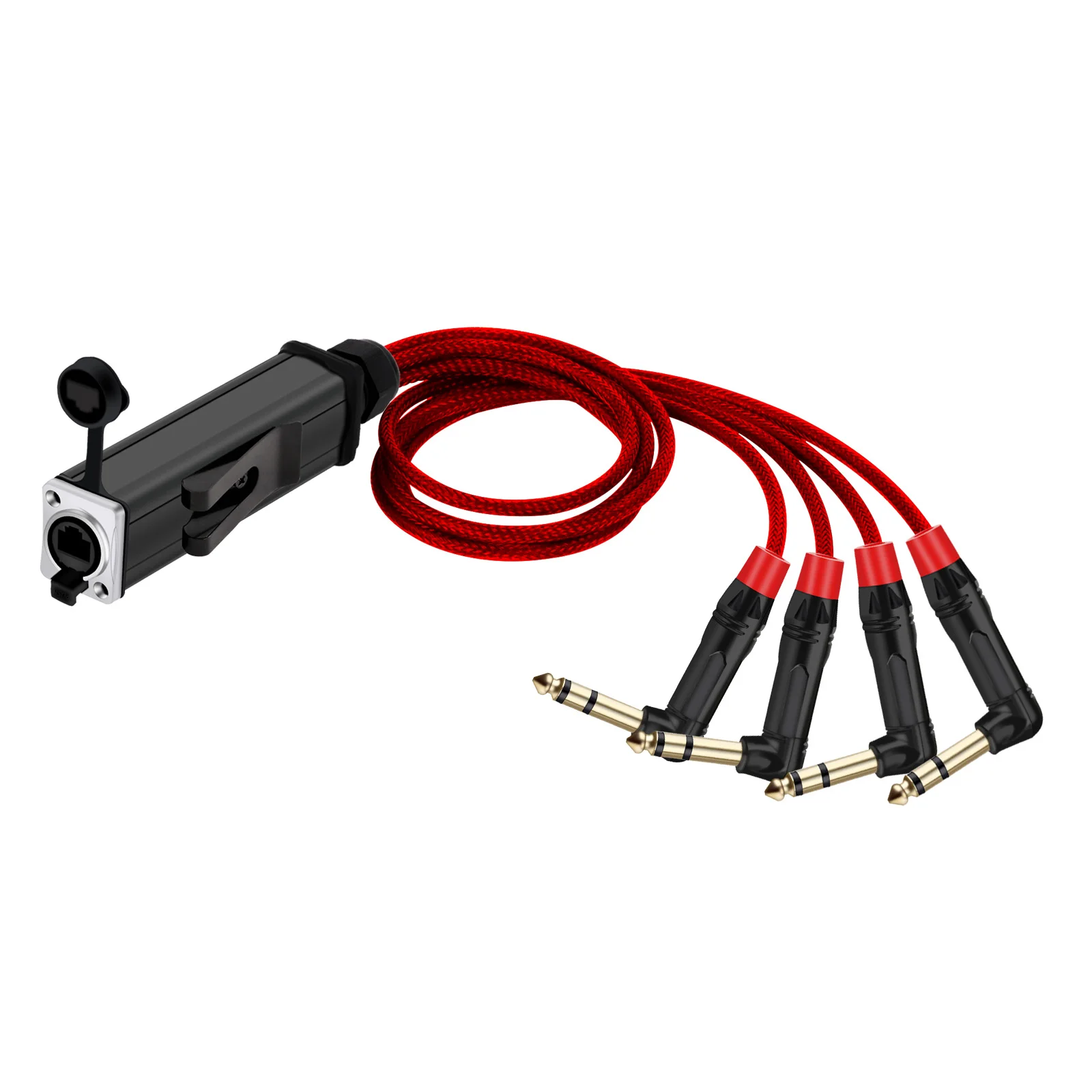 오디오 TRS 스테레오 수 플러그 케이블, RJ45 CAT5 암 네트워크 신호 확장기 분배기, 4 채널, 6.35mm 직각, 1/4 인치