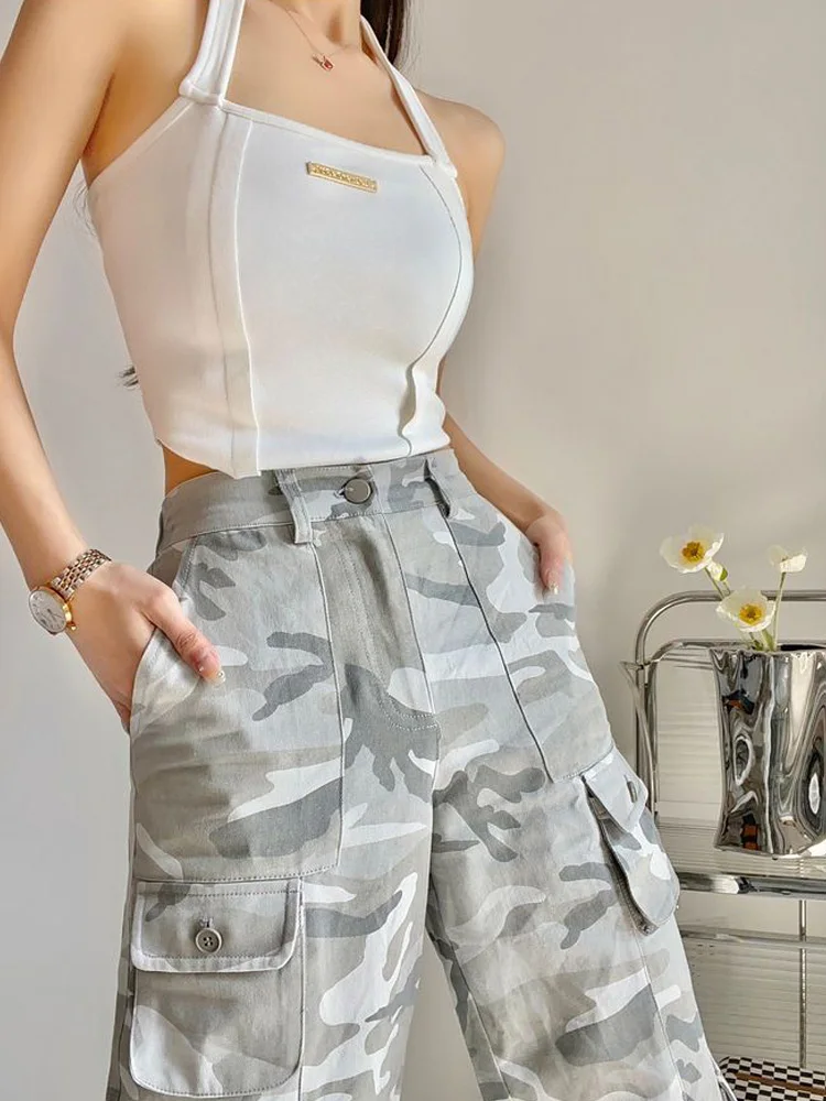 HOUZHOU American Retro Camouflage Cargo Pants Women Y2K Streetwear Hippie Wide Leg Pockets Trousers Female Kpop Harajuku Bottoms woman pants flared trousers with pockets womens jeans bell bottom flare skinny slim fit denim office clothes baggy hippie 90s a