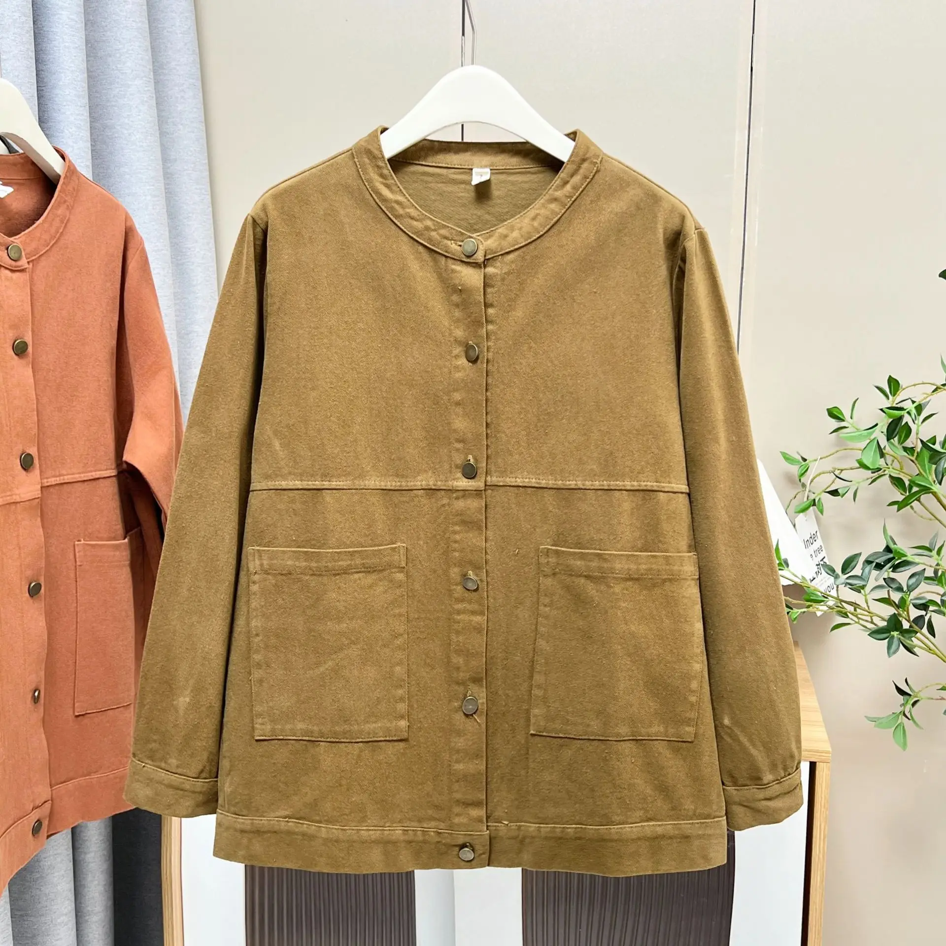 XXXXL Fashion Plus Size Women's Jacket 2025 Autumn New Simple Casual Cardigan O-Neck Long Sleeve Twill Coat 8853