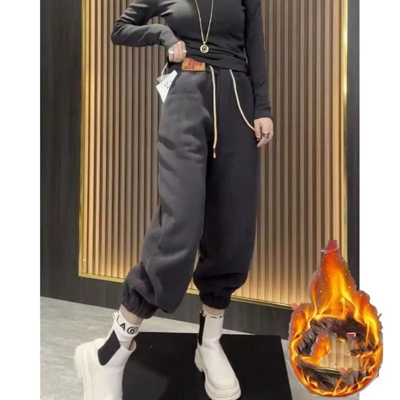 Women's Solid Color Elastic Waist Drawstring Button Lamb Fleece High Waist Autumn and Winter Loose Fashion Thicken Harlan Pants