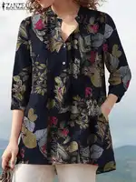 ZANZEA Bohemian Summer Floral Printed Tops Women Vintage Blouse Cotton Blusas Casual V Neck 3/4 Sleeve OL Work Shirt Oversized - Image 2