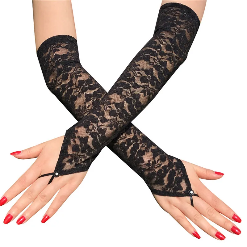 Sexy Floral Print Mittens Fingerless Gloves Women Stretch Long Hook Finger Bright Diamond Lace Gloves Fingerless Gloves Half Finger Gloves Lace Gloves Fashion Gloves Cosplay Gloves Costume Gloves