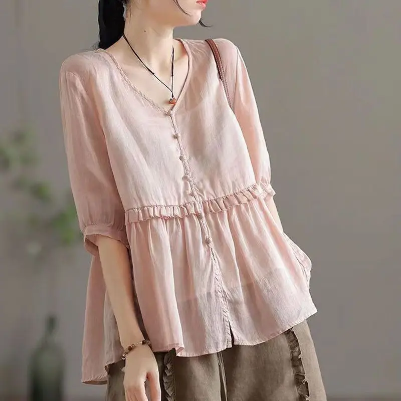 Women Autumn Retro Print Spliced V-Neck Cotton Blouse main image 0