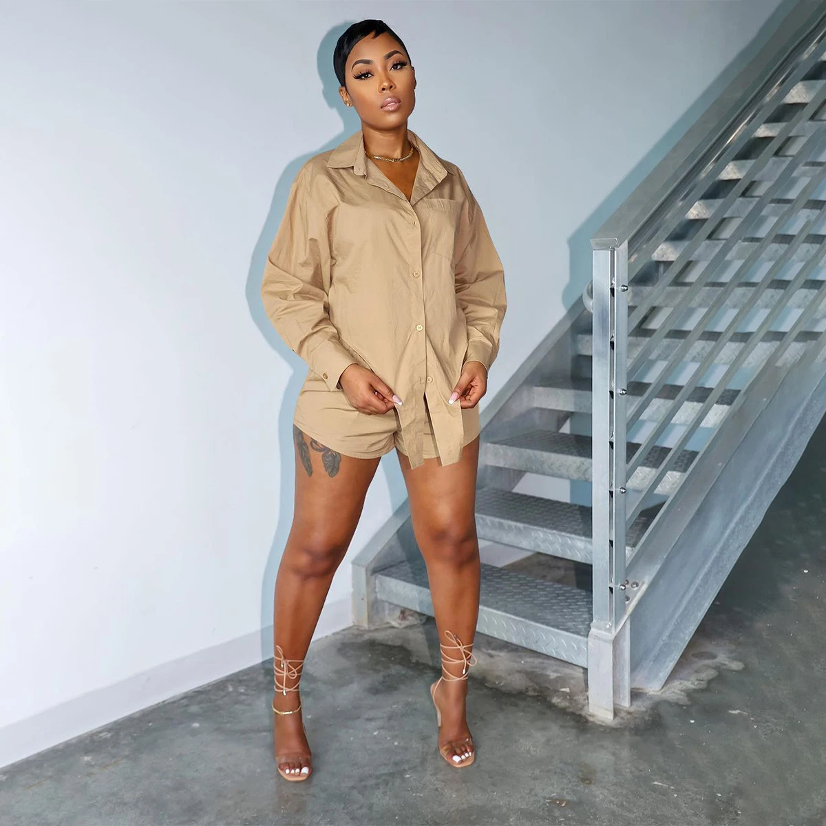 

Solid Color Casual Shirts Two Piece Sets Women Irregular Long Sleeve Button Pocket Coat and Shorts Suit Fashion Autumn Outfits