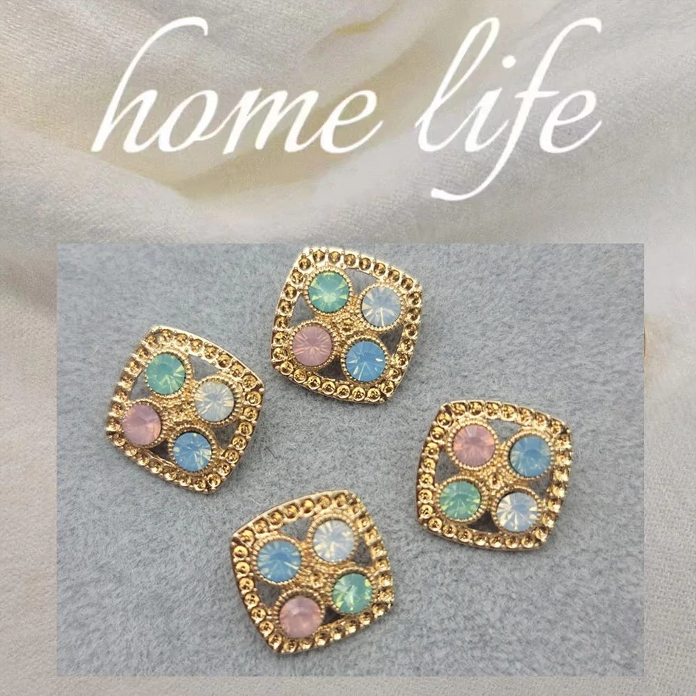 10 قطعة 20 مللي متر حجر الراين مربع أزرار معدنية مجوفة ، الذهب أزرار خياطة لامعة للأزرار/الفساتين ، أزرار تزيين الملابس